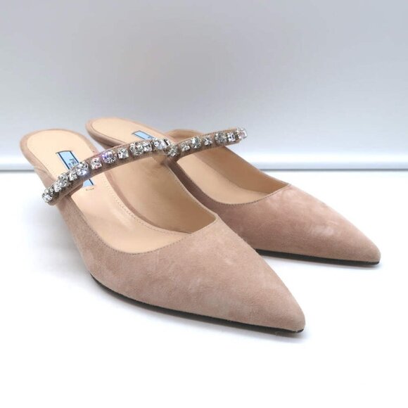 Prada Crystal Strap Mules Beige Suede Size 38 Pointed Toe Kitten Heel Pumps - Picture 1 of 12